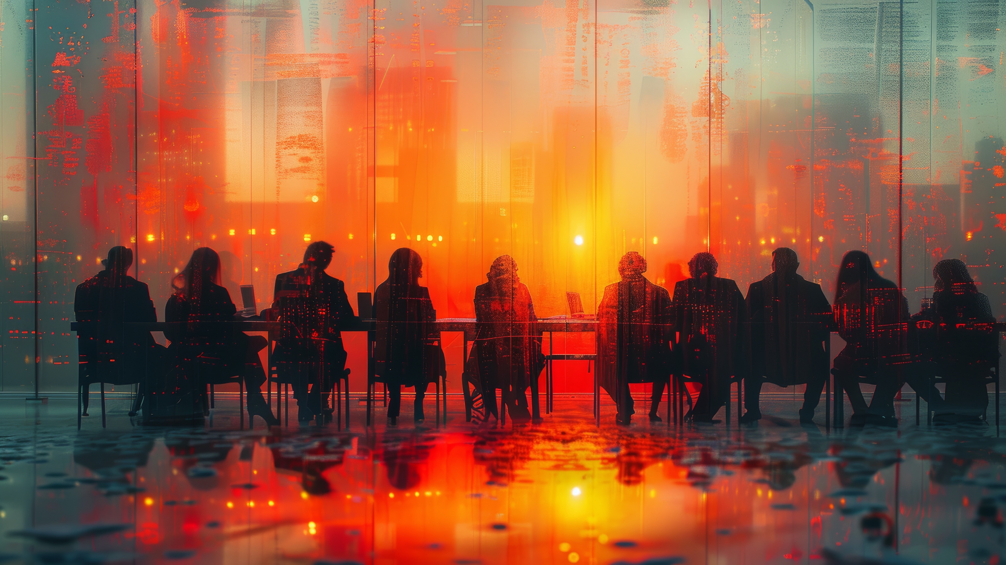 Silhouettes of people sitting at a conference table with a cityscape and vibrant sunset in the background, creating a dramatic contrast with abstract reflections on the floor, hinting at the profound AI business impact shaping their discussion.