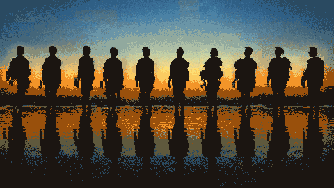 Silhouettes of ten people stand on a reflective wet surface against a backdrop of a sunset sky, symbolizing AI.