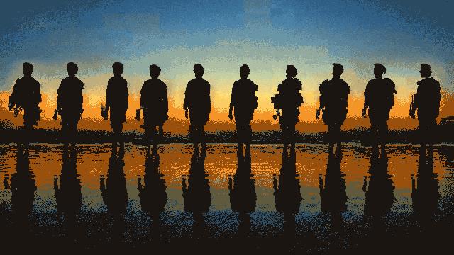 Silhouettes of ten people stand on a reflective wet surface against a backdrop of a sunset sky, symbolizing AI.