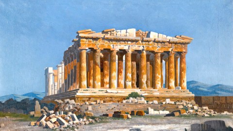 A painting of the Parthenon, an ancient temple with columns and partial ruins, under a clear blue sky. The landscape around it includes scattered stones and minimal vegetation, perfectly capturing the essence of strong presentation skills in historical artistry.