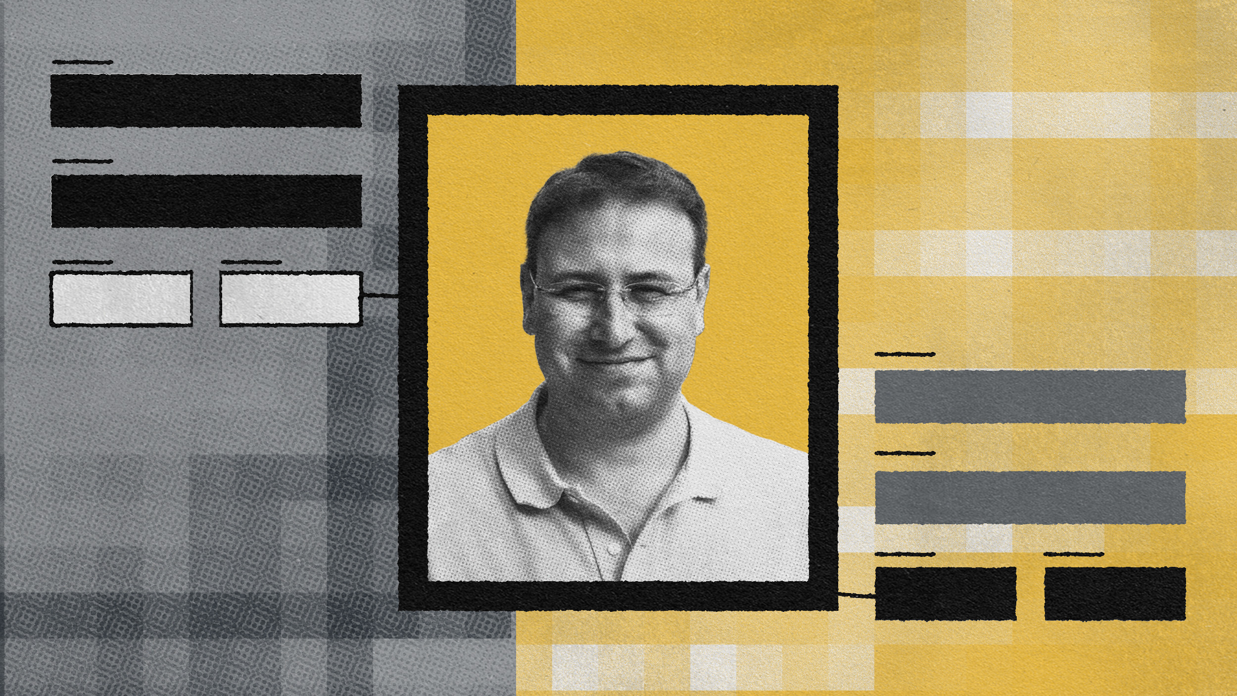 A grayscale image of a man inside a black frame with yellow, gray, and black geometric patterns in the background, subtly illustrating collaborative team skills.