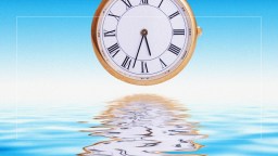 A clock with Roman numerals appears to float above calm, reflective water against a blue sky background.