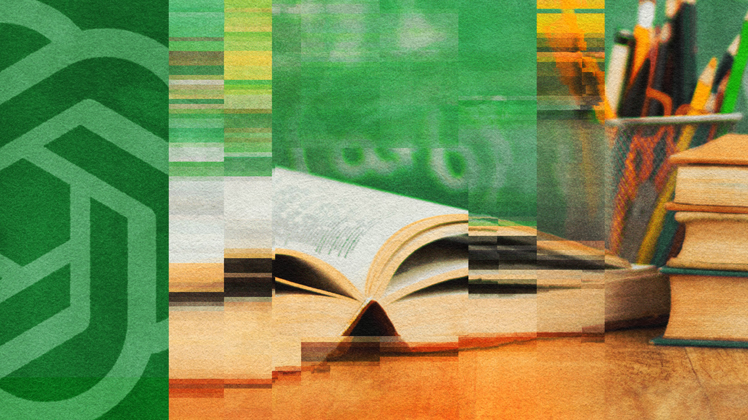 An open book is on a desk alongside stacked books and a pencil holder. The image has been digitally distorted with pixelation and a green overlay featuring a partial logo.
