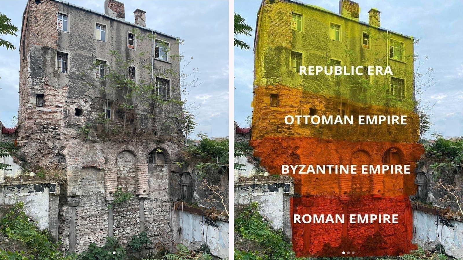 An old building with visible sections from four eras labeled: "REPUBLIC ERA," "OTTOMAN EMPIRE," "BYZANTINE EMPIRE," and "ROMAN EMPIRE" from top to bottom. Left side shows the building; right side shows the labeled eras.