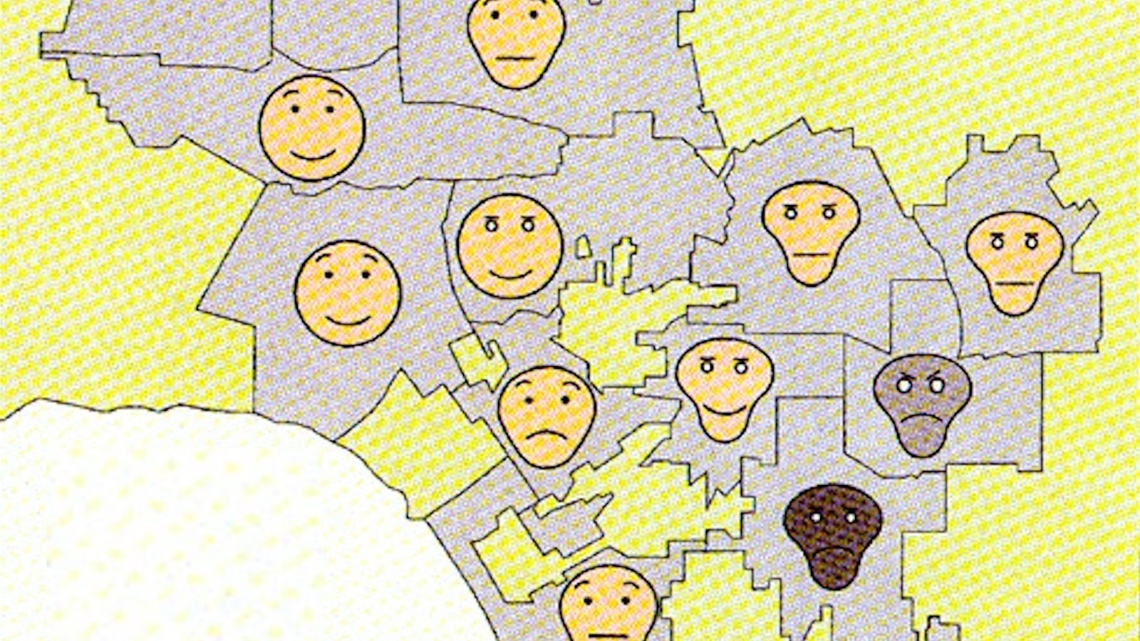 A map with various yellow and brown faces showing different emotions, representing different regions.