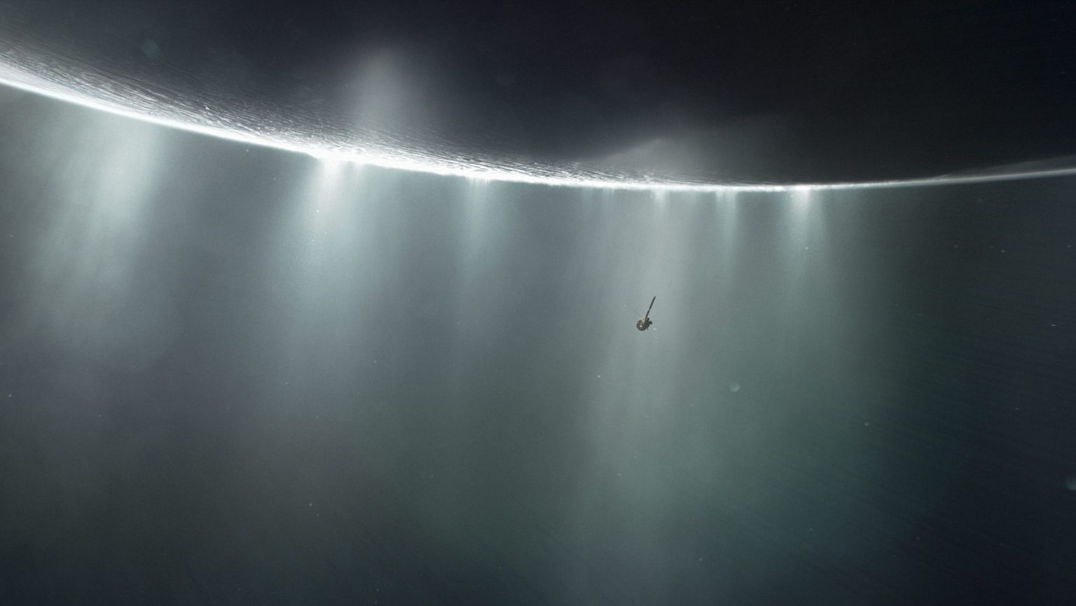 A spacecraft hovers near a bright ring of light in space, surrounded by misty rays and a vast, dark background.