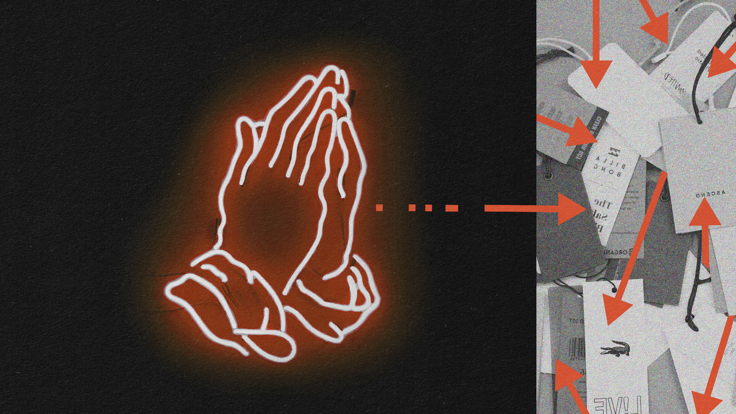 Neon outline of hands in prayer with an arrow pointing from them to a collage of various brand tags on the right side of the image.
