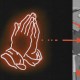 Neon outline of hands in prayer with an arrow pointing from them to a collage of various brand tags on the right side of the image.