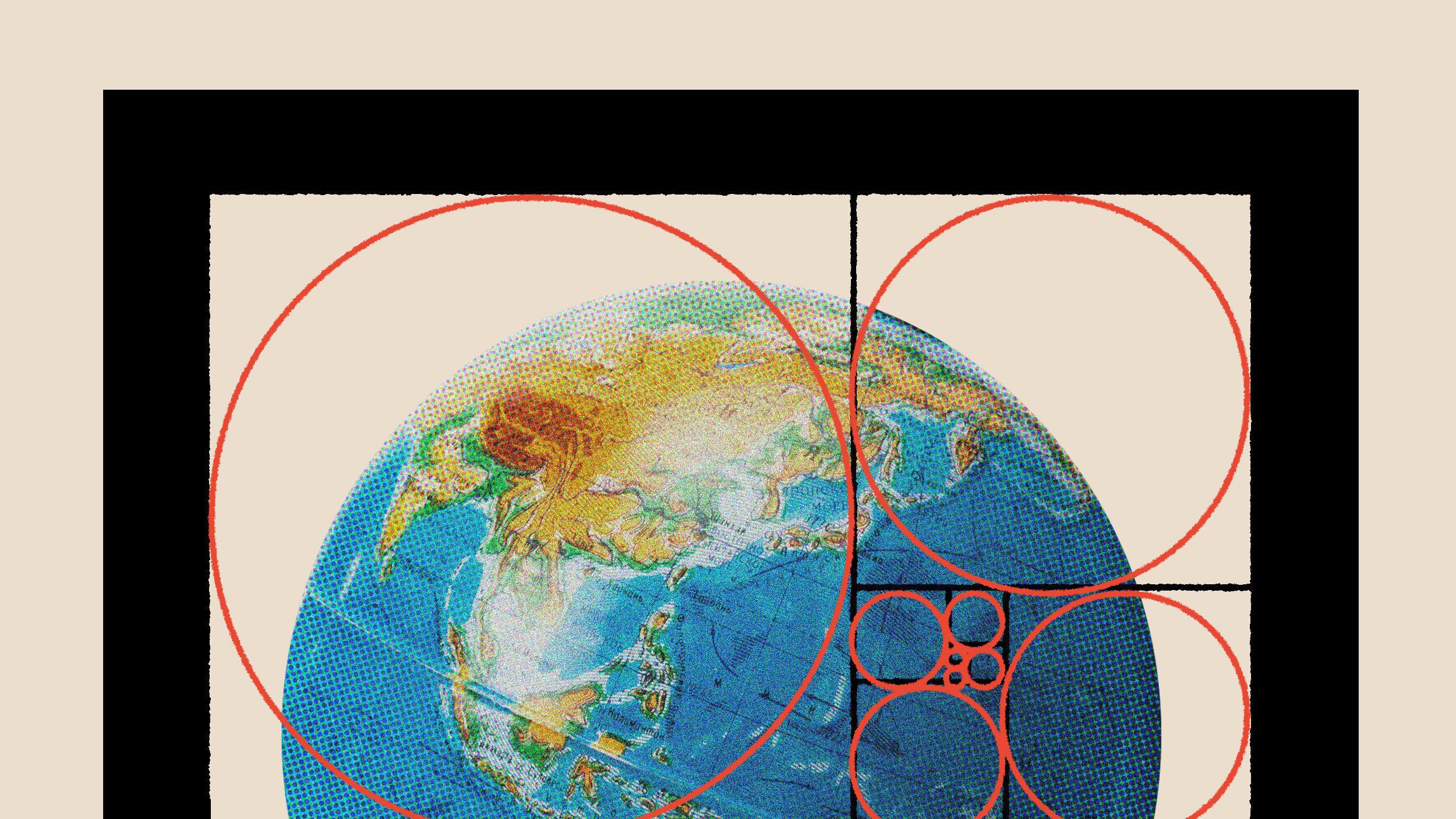 Illustration of Earth with red geometric circles overlaid, emphasizing the Asian continent and the Pacific Ocean, highlighting concerns of overpopulation.
