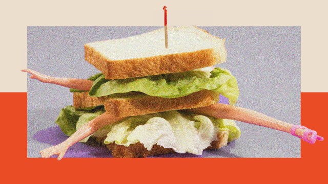 A sandwich with lettuce and bread, adorned with a toothpick, features doll arms and legs sticking out, creating a whimsical yet slightly eerie scene evoking playful hints of cannibalism.