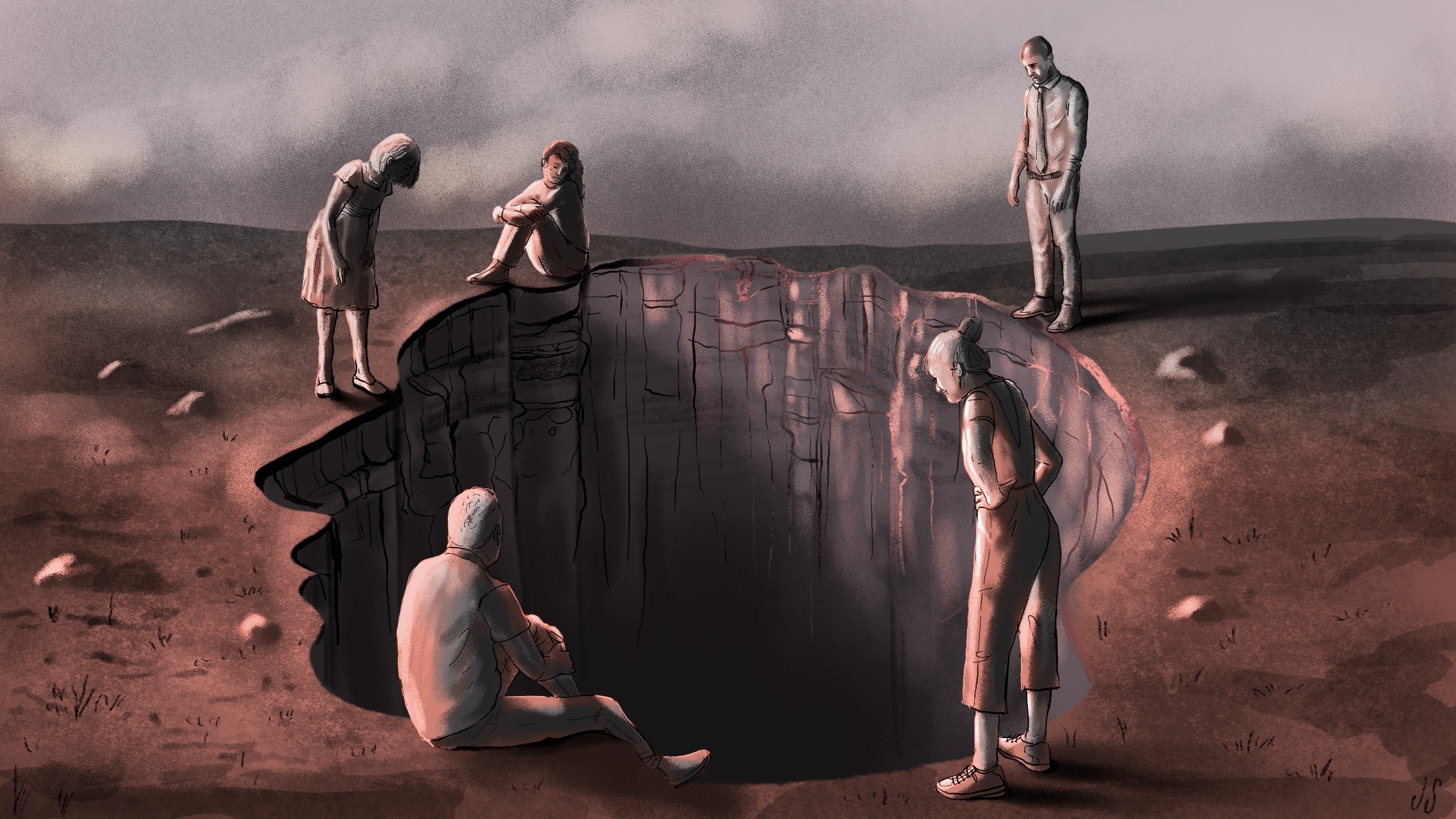 Five people stand or sit around a large, ominous hole in the ground, under a cloudy sky, reflecting on their struggles and supporting each other in raising mental health awareness.