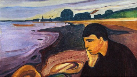 A person with a pensive expression sits on a beach beside a body of water, their gaze reflecting weltschmerz, with an abstract landscape of trees and a boat in the background.