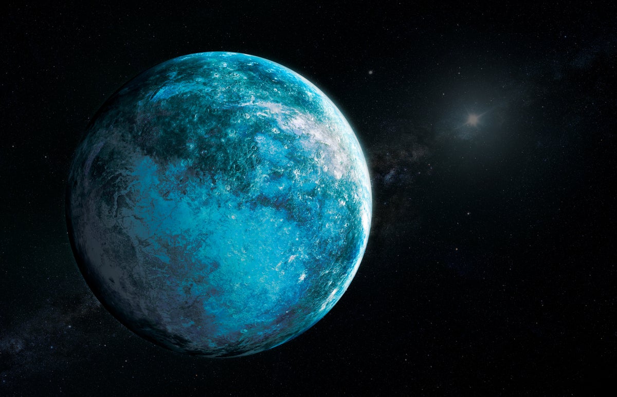 An image of a blue and white planet in space with starry background and a bright star on the right.