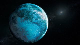 An image of a blue and white planet in space with starry background and a bright star on the right.