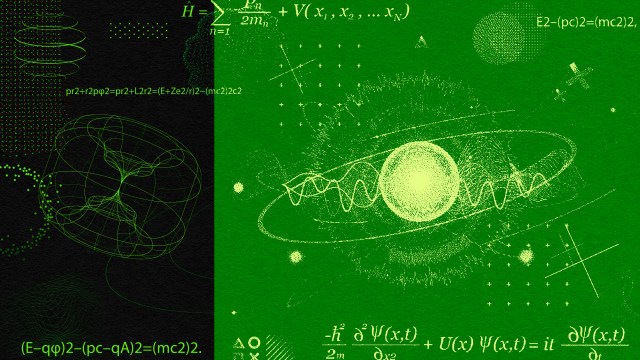 Green background with various mathematical equations and diagrams, including formulas related to quantum physics, a 3D wireframe object, and an atom-like model at the center, celebrating the International Year of Quantum Science and Technology.