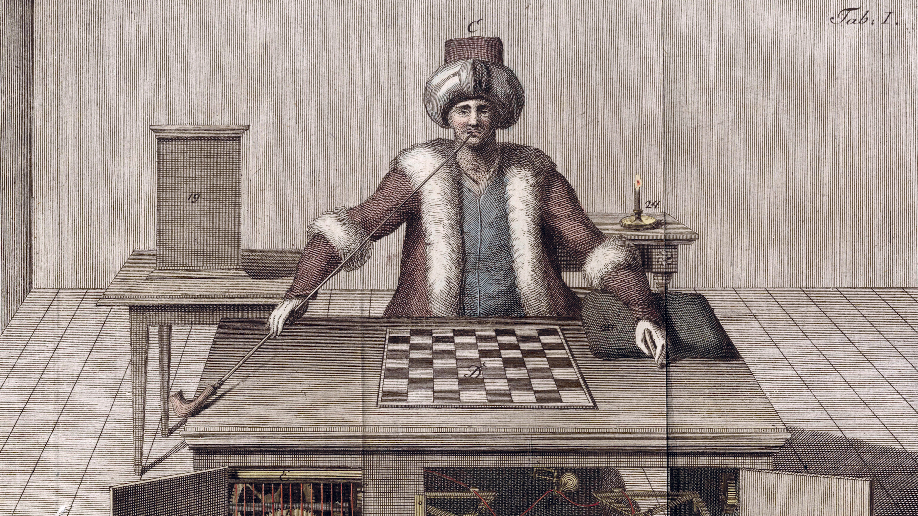 A historical illustration depicts an automaton dressed in Ottoman attire, seated behind a chessboard with mechanical components visible below the table, showcasing an early concept akin to mind-body AI.