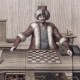 A historical illustration depicts an automaton dressed in Ottoman attire, seated behind a chessboard with mechanical components visible below the table, showcasing an early concept akin to mind-body AI.