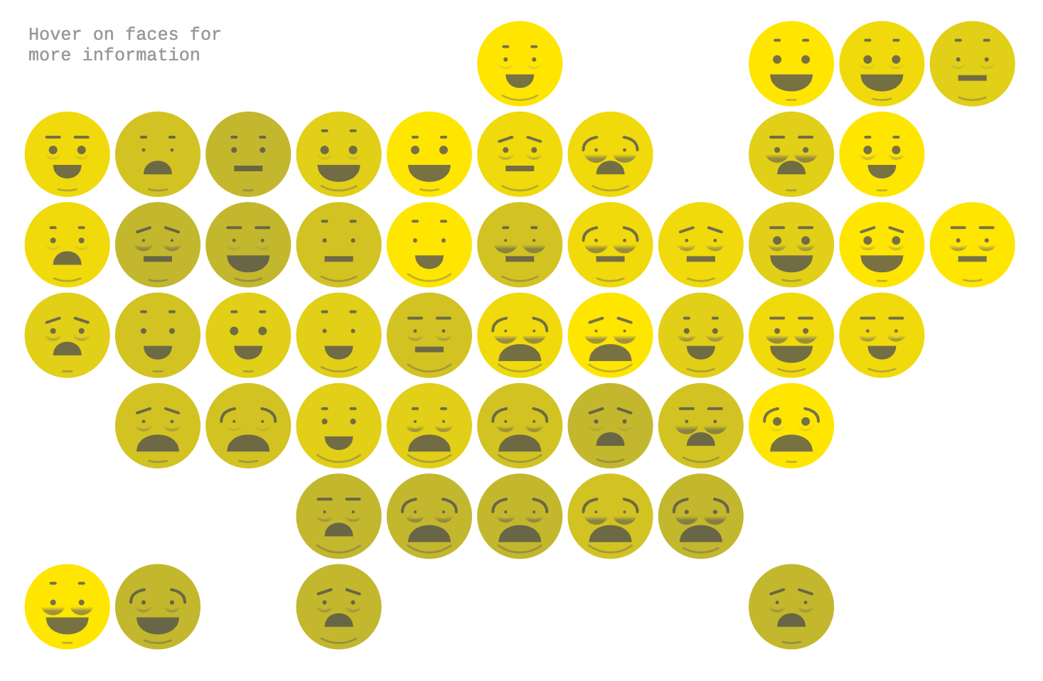A USA map made of yellow emojis with various facial expressions is displayed; the text "Hover on faces for more information" is on the top left.