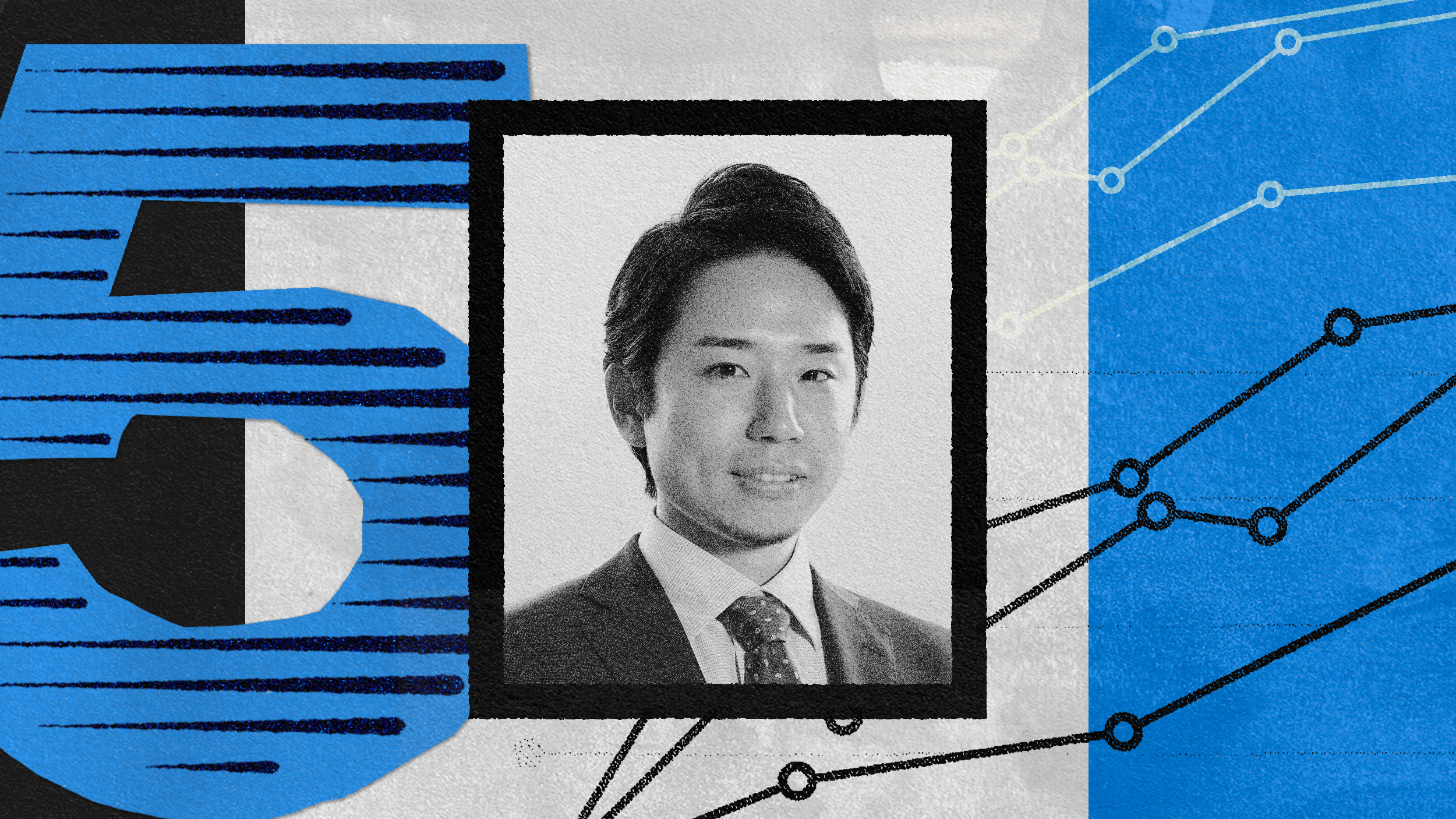 A grayscale business portrait of a young CEO in a suit and tie framed over a blue and gray background with abstract charts and the number 5, symbolizing key lessons integrated into the design.