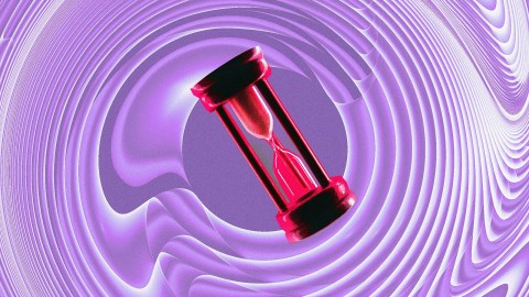 A red hourglass sits against a background of swirling purple patterns.