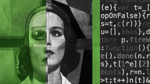 A digital collage featuring a woman's face split with computer code and abstract geometric shapes in green, black, and gray tones, representing the complexity of decision-making.