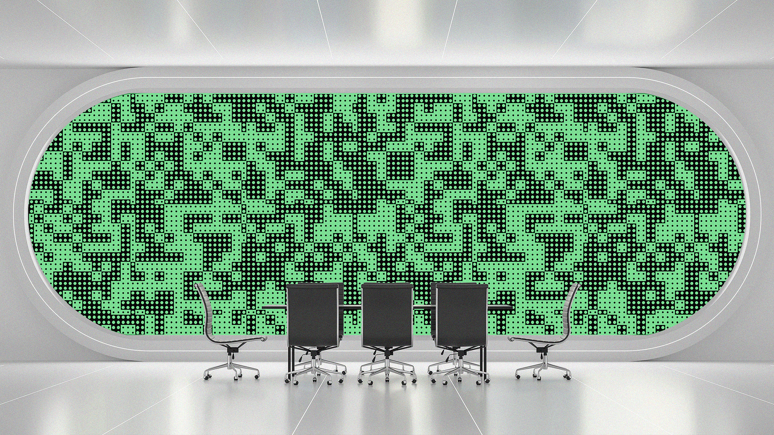 A row of four black office chairs sit in front of a large oval digital screen displaying a green matrix pattern, symbolizing AI business impact, in a modern white room.