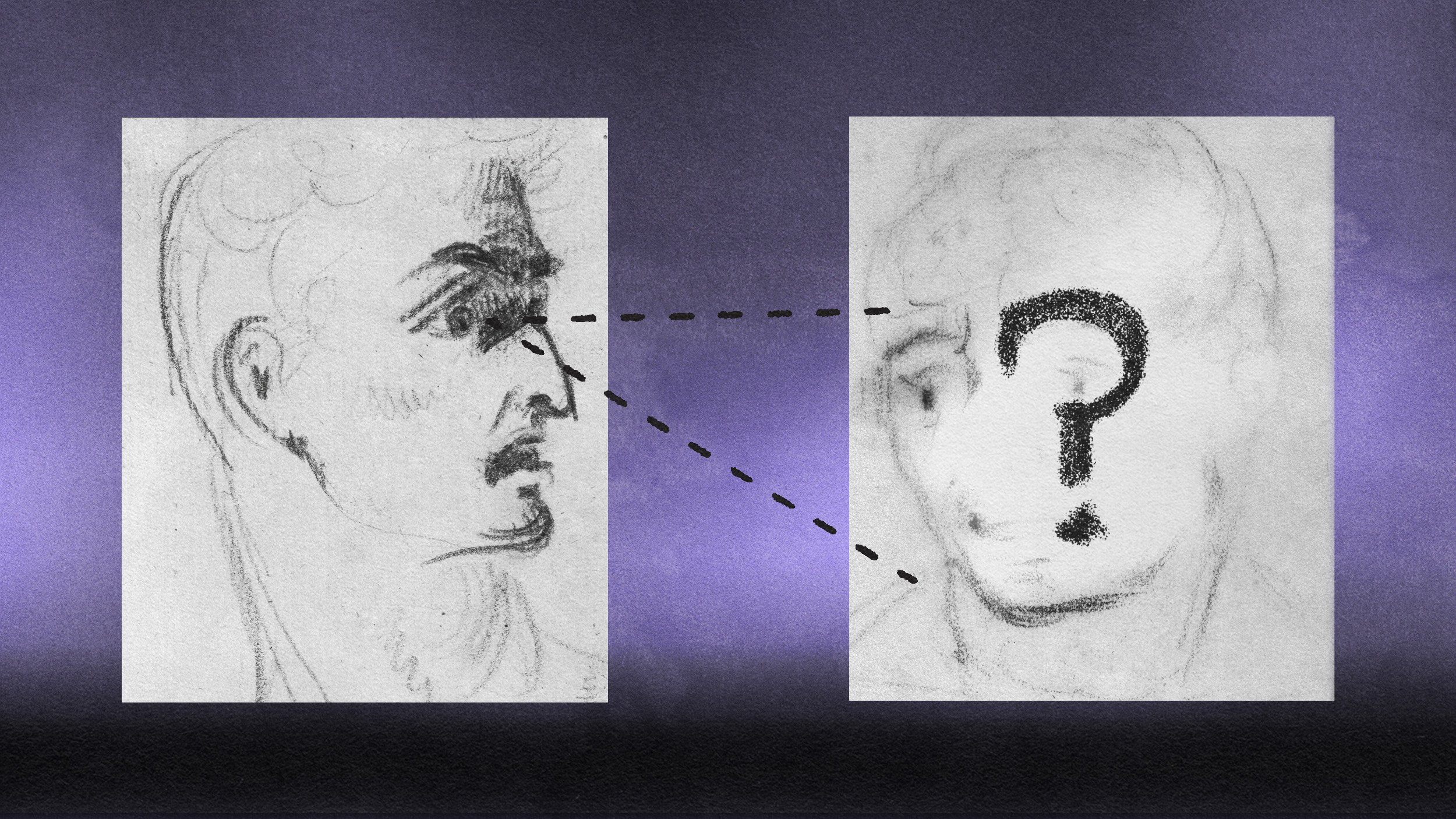 A drawing shows a person's side profile on the left, with dashed lines leading to a second drawing on the right where the facial features are replaced by a question mark, hinting at a lack of perceptivity.