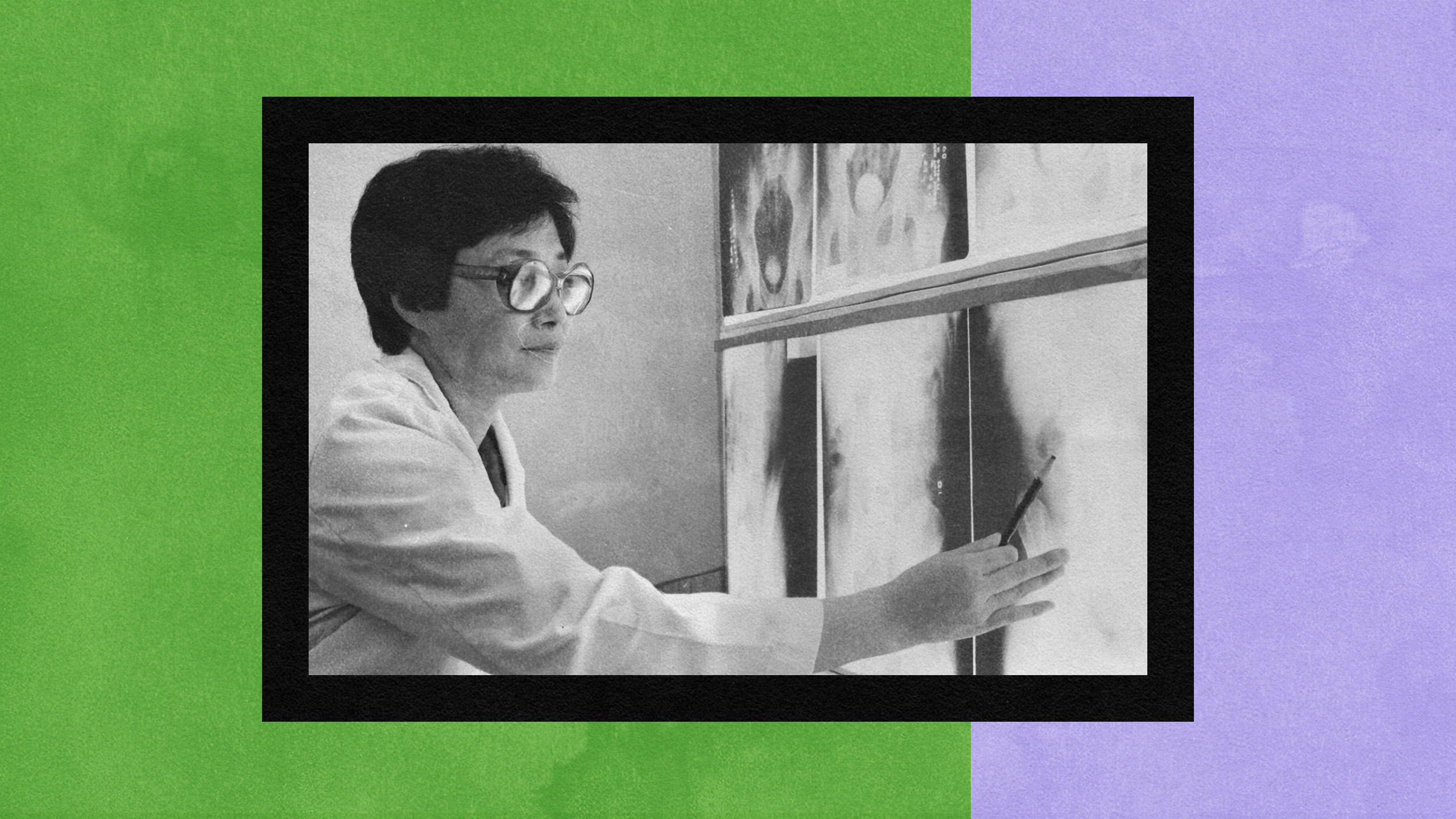 A female physician wearing a lab coat and glasses examines medical images on a lightboard. The background consists of a green and purple abstract design.