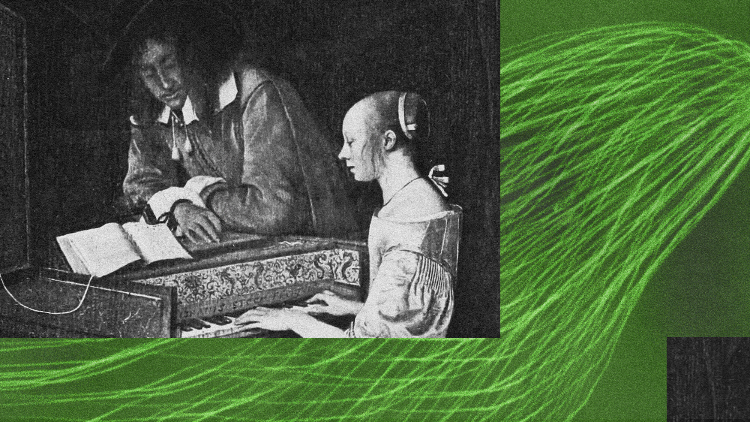 A person wearing traditional clothing skillfully plays a keyboard instrument while another person looks at a book. The background features a vibrant flowing green pattern.