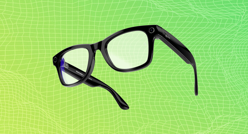 Black smart glasses with clear lenses are displayed against a green and yellow gradient background with a grid pattern.