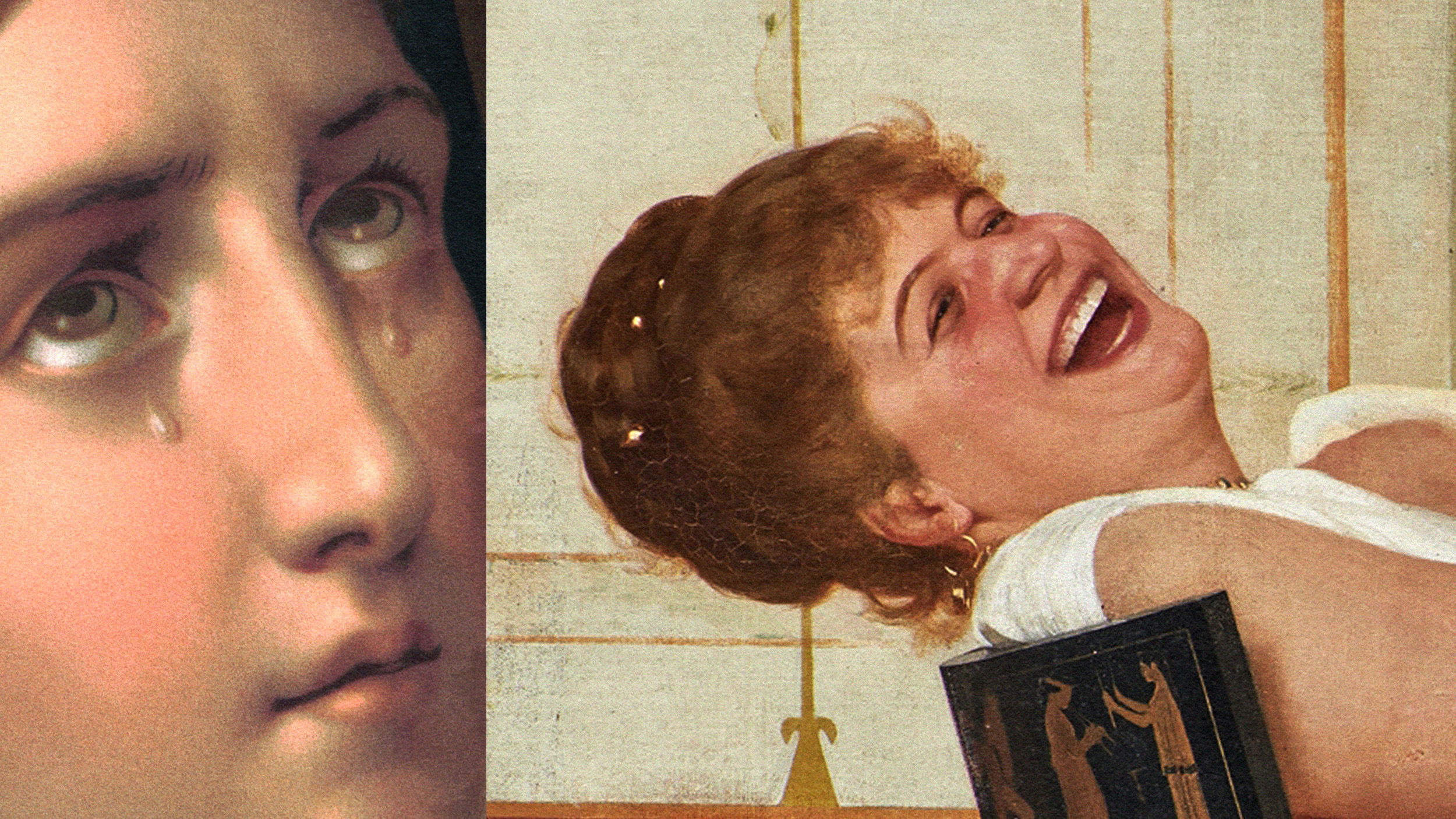An image contrasts two emotions: the left side shows a close-up of a tearful face, while the right side depicts a woman immersed in laughter.