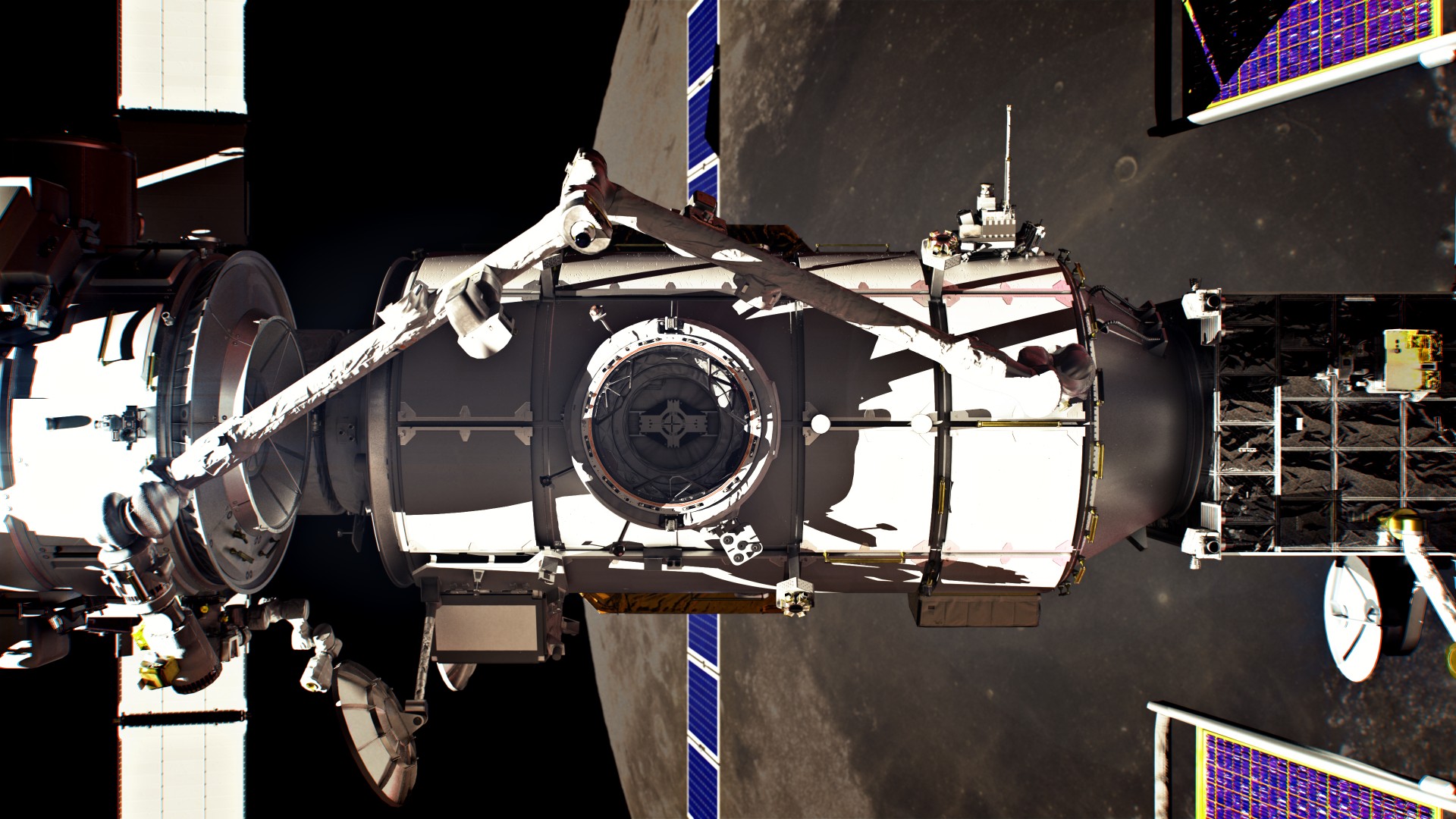 A spacecraft module with a mechanical arm attached is docked in space, with solar panels visible against a backdrop of the lunar surface.