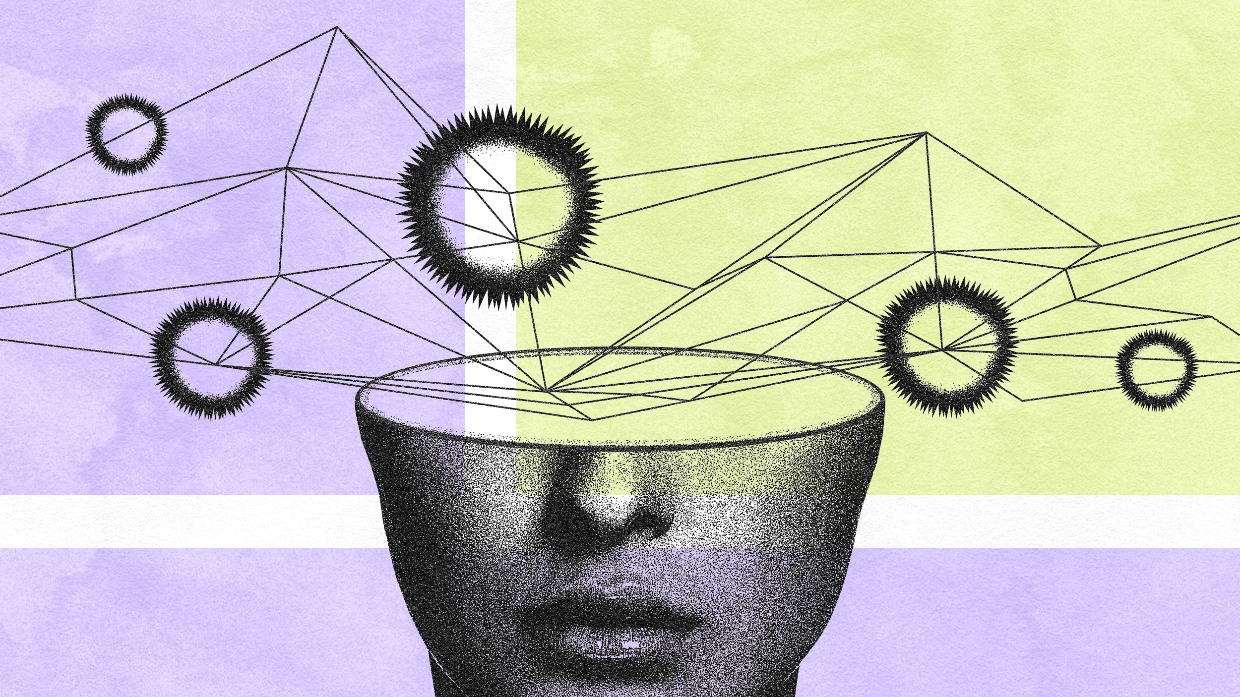 Abstract illustration of a partial human head with geometric shapes and interconnected lines extending from the top.