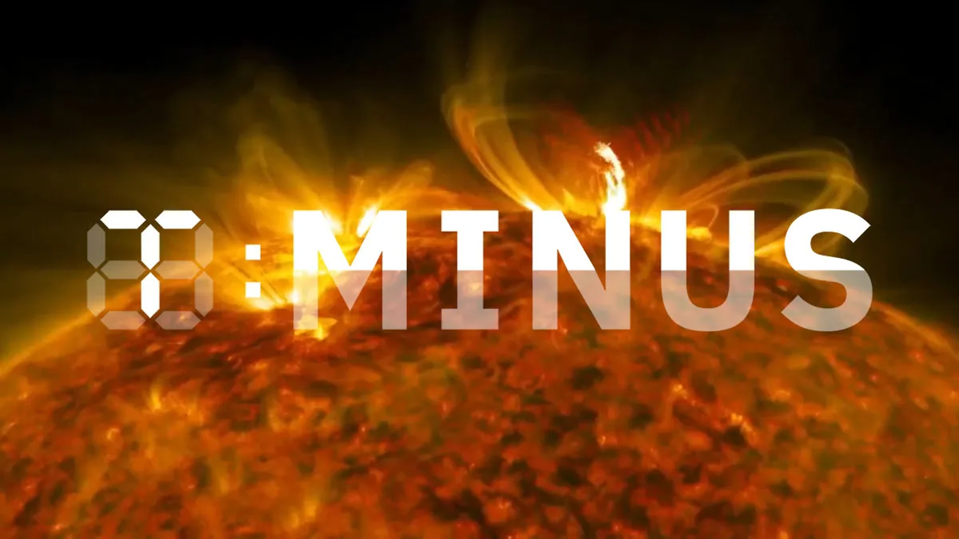A solar image with digital counter displaying "0:MINUS" overlaid against the background of the sun with solar flares.