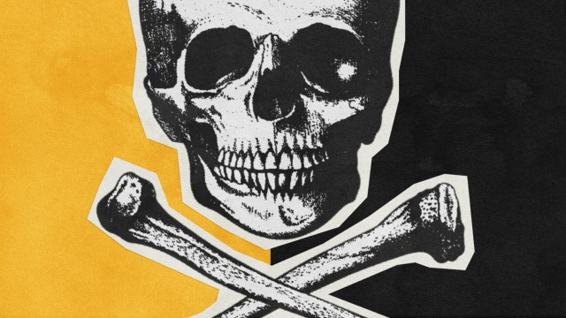 Black and white skull and crossbones illustration on a divided yellow and black background.