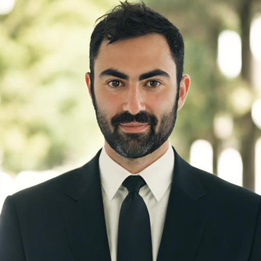 A bearded man in a black suit and tie stands outdoors with blurred green foliage in the background.