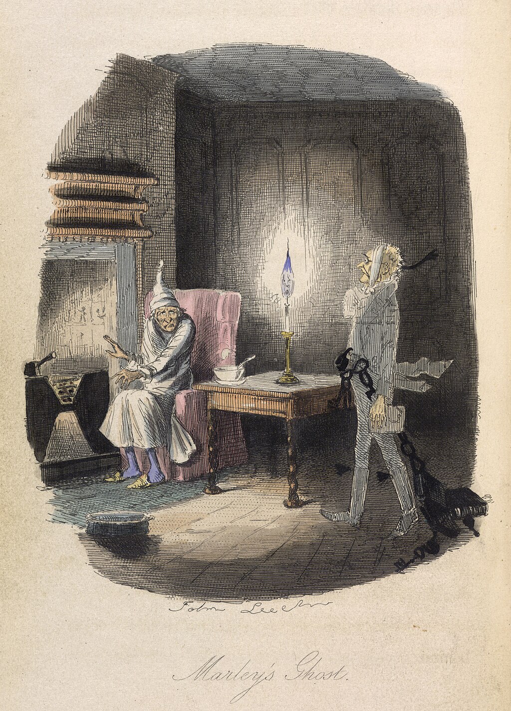 An elderly man in nightclothes sits in an armchair by a fireplace, startled by the ghost of a man wrapped in chains walking towards him in a dimly lit room.