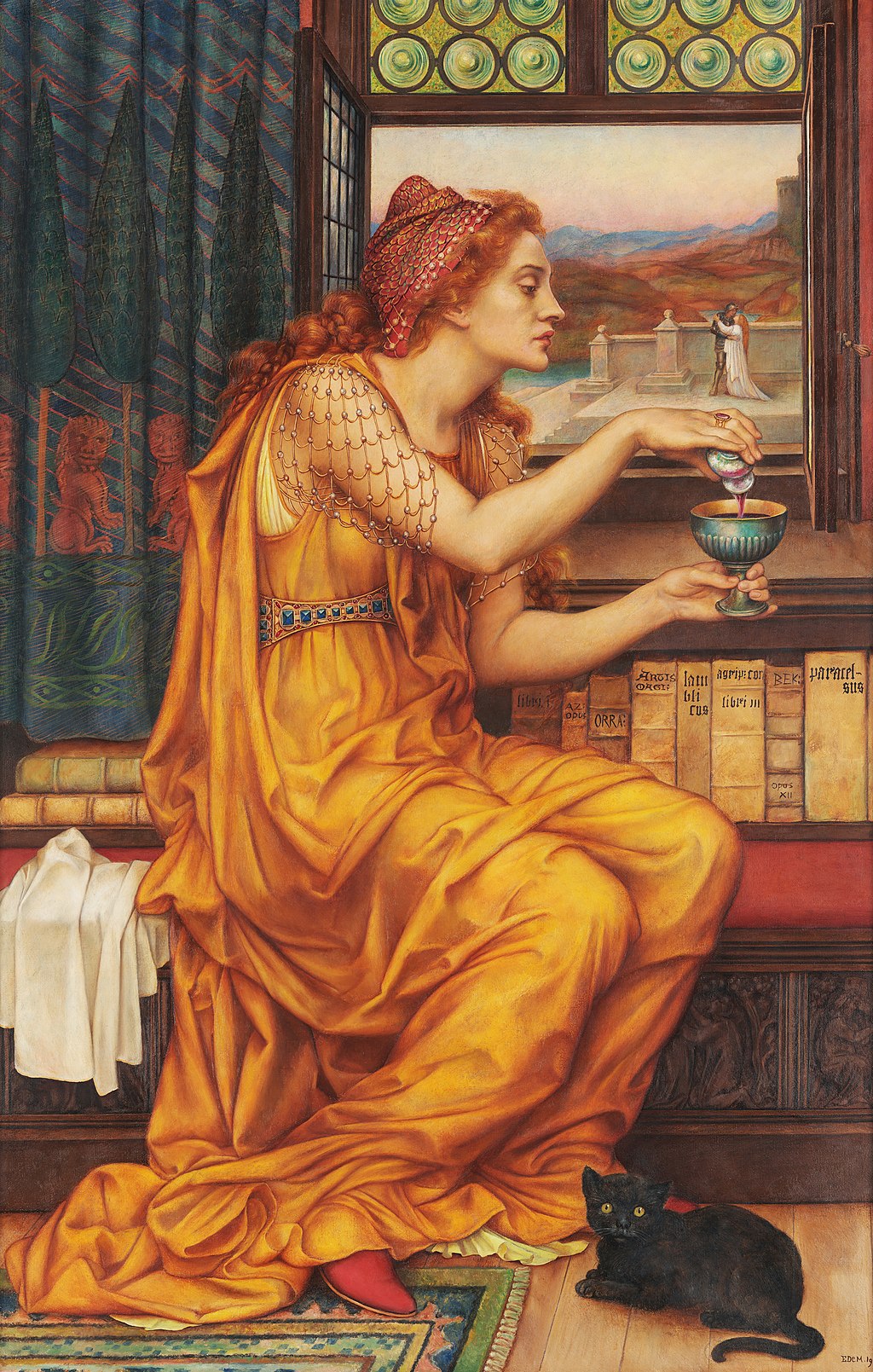 A woman in an orange dress, with a red headscarf, sits by a window holding a small bowl. Books and a black cat surround her. A painting of two people is visible in the background.