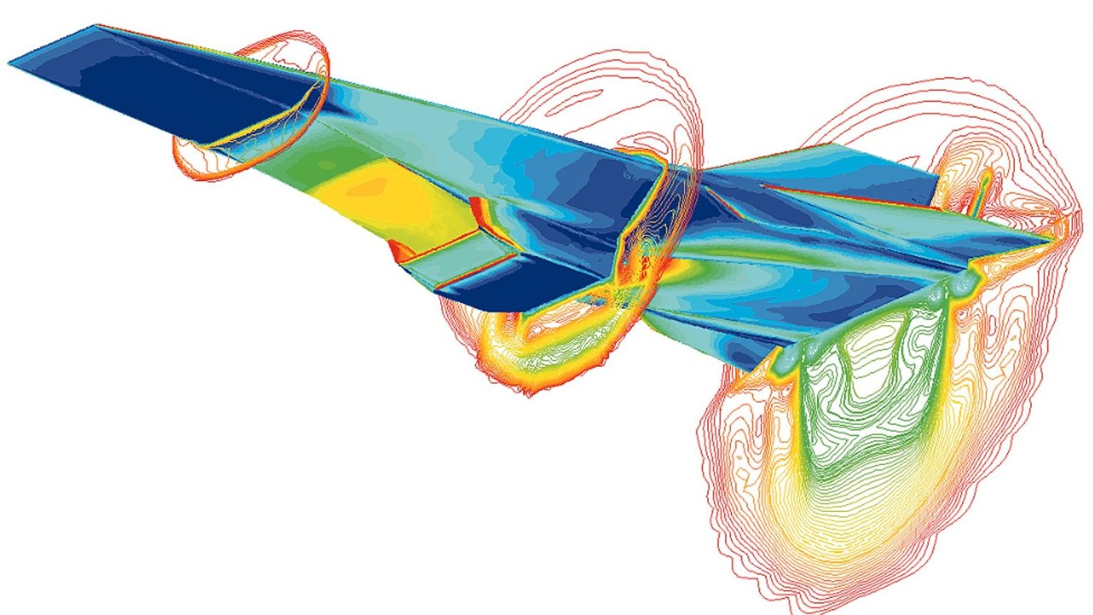 A computer-generated image shows the airflow patterns around a streamlined aircraft, highlighted in various colors to depict different airflow intensities.