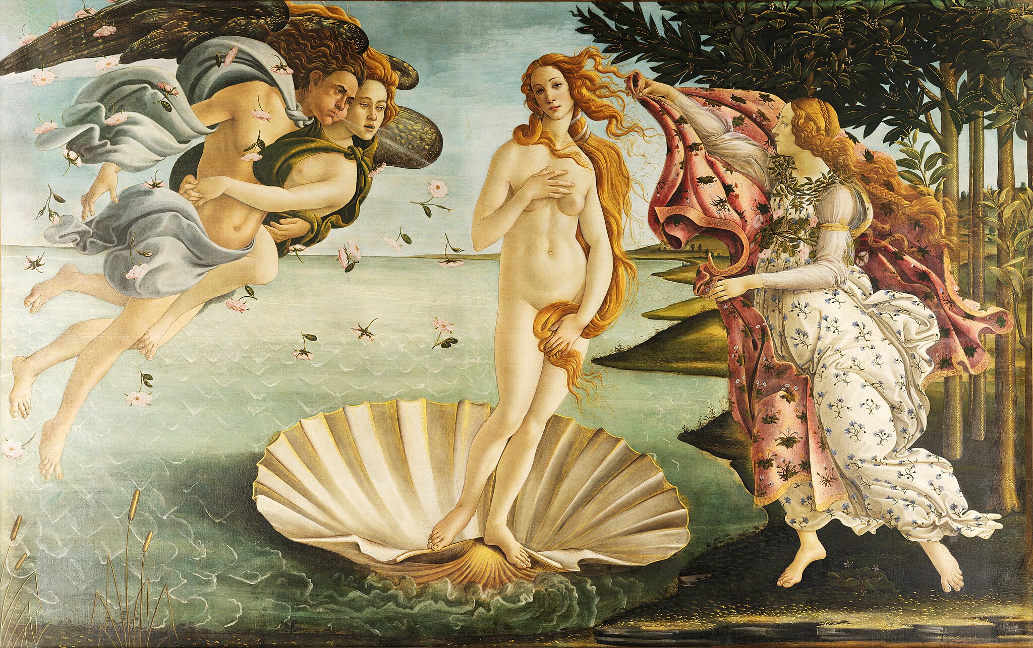 A painting depicts the mythological birth of Venus. She stands on a shell in the sea, flanked by Zephyrus and a nymph on the left, and a figure holding a cloak on the right.