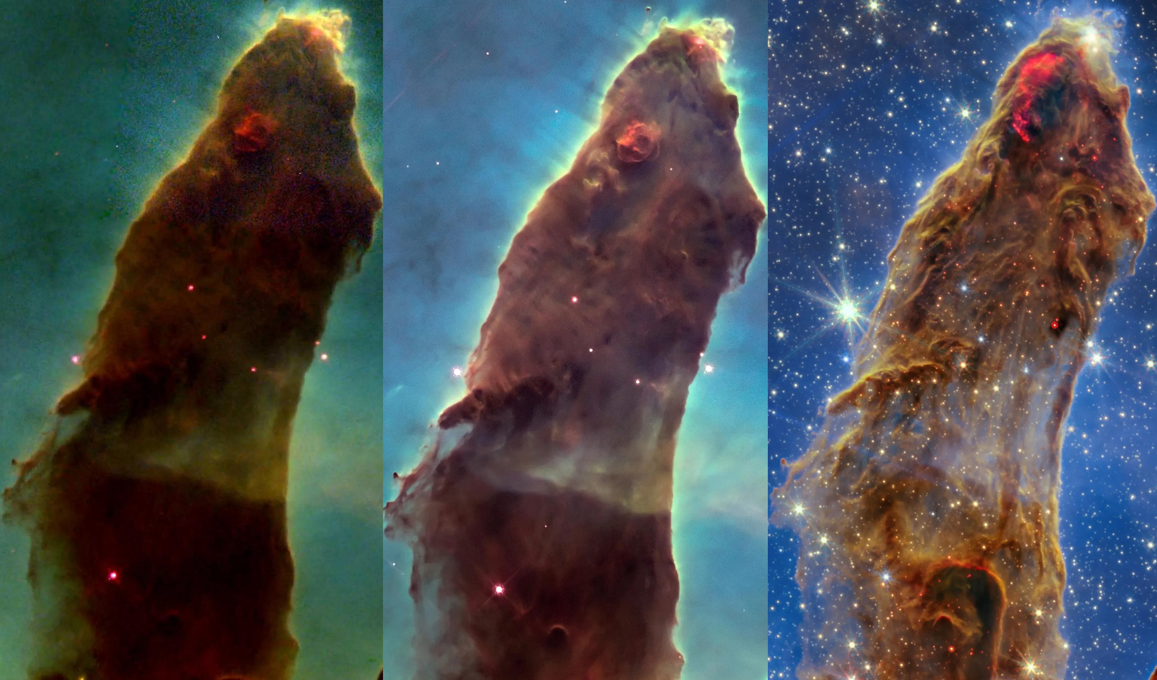 Three images of the same celestial pillar from the Eagle Nebula, known as the Pillars of Creation, captured by Hubble (left, center) and James Webb (right) telescopes, show progressive detail and color variation from green to blue to starfield.