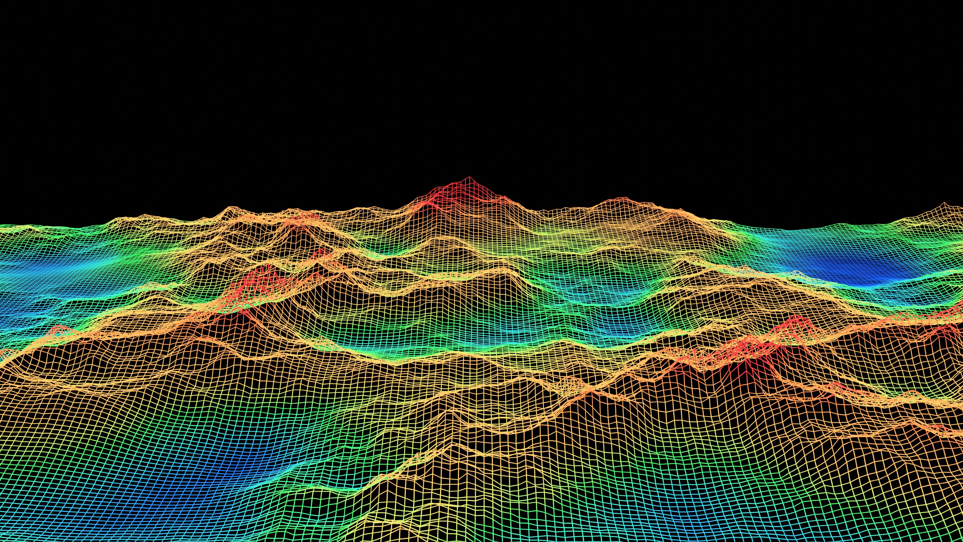 A 3D wireframe representation of mountainous terrain, colored with a gradient from red to blue against a black background.