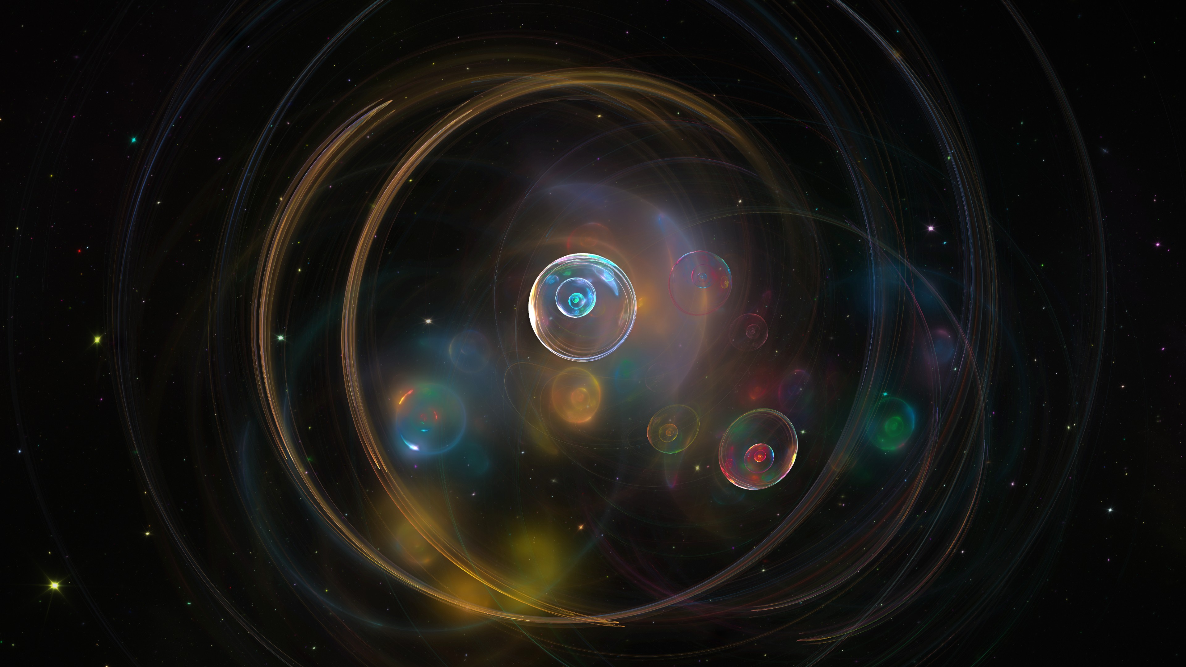 Abstract image featuring colorful, swirling light patterns and transparent bubbles against a dark, starry background.