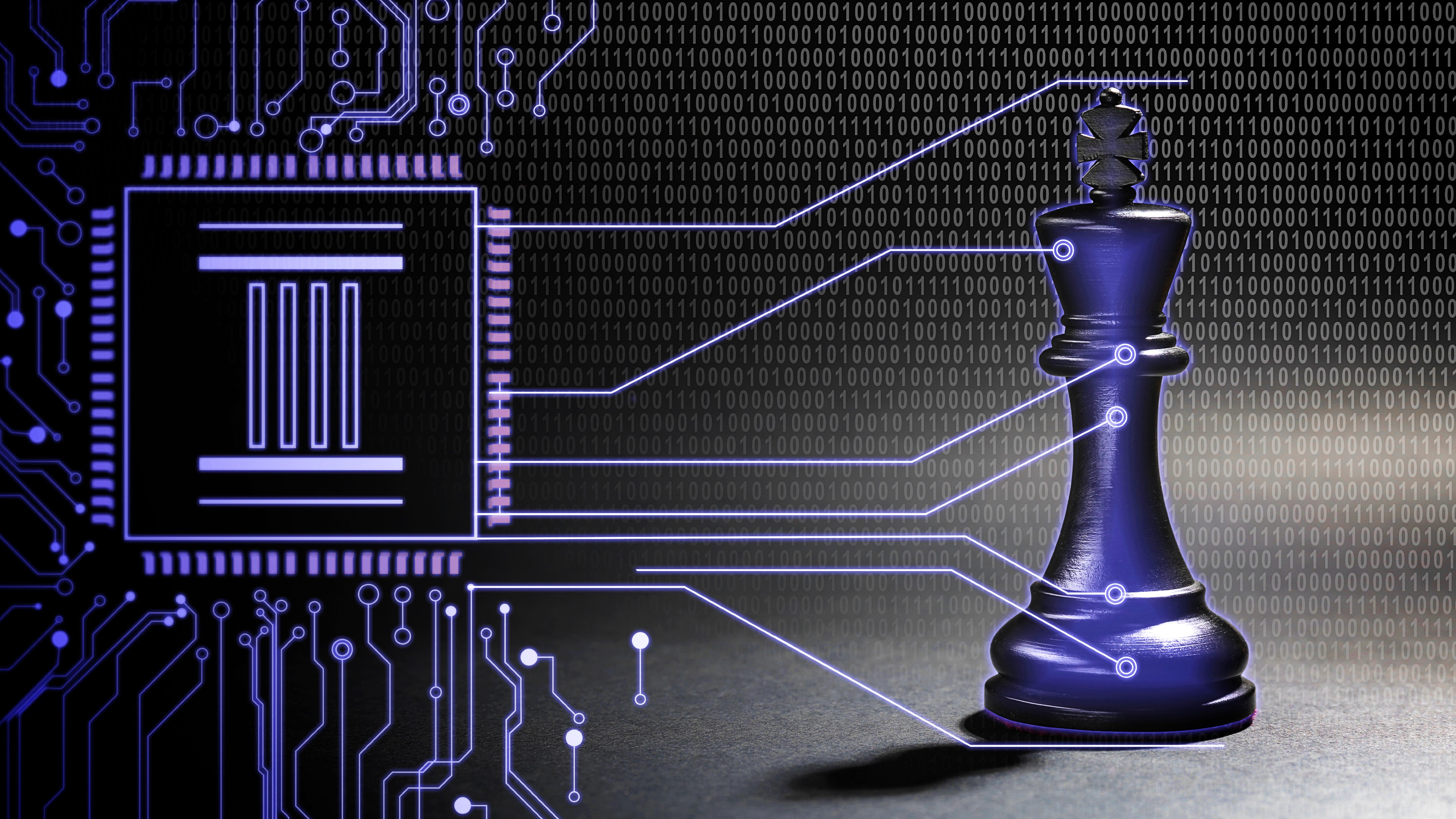 An open processor is connected by circuit lines to a black chess piece, with binary code in the background, symbolizing the intersection of technology and strategy, where every move could deceive even the sharpest minds.