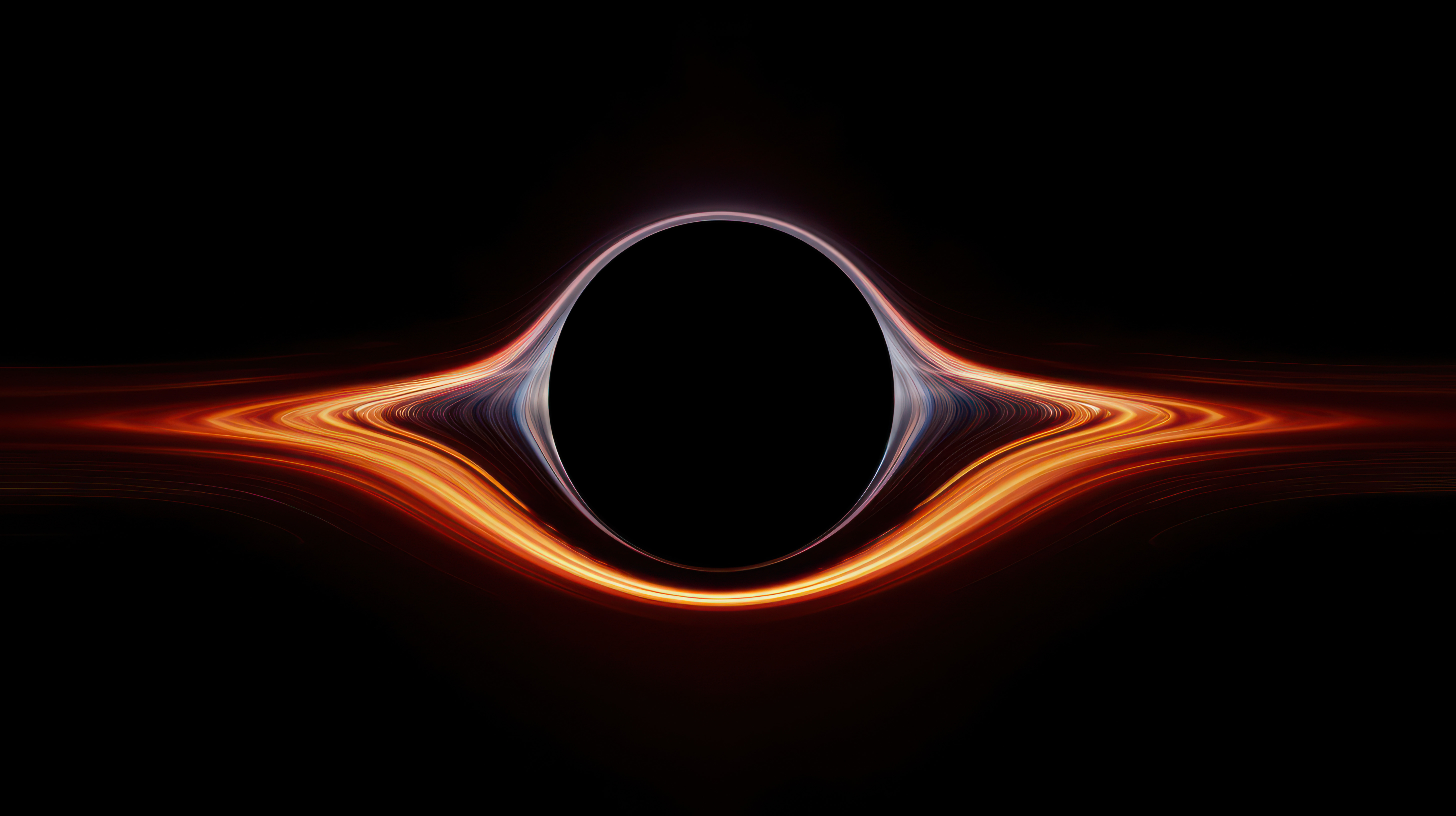 A digital rendering of a black hole with a glowing, distorted light accretion disk around its event horizon in space, set against a pitch-black background.