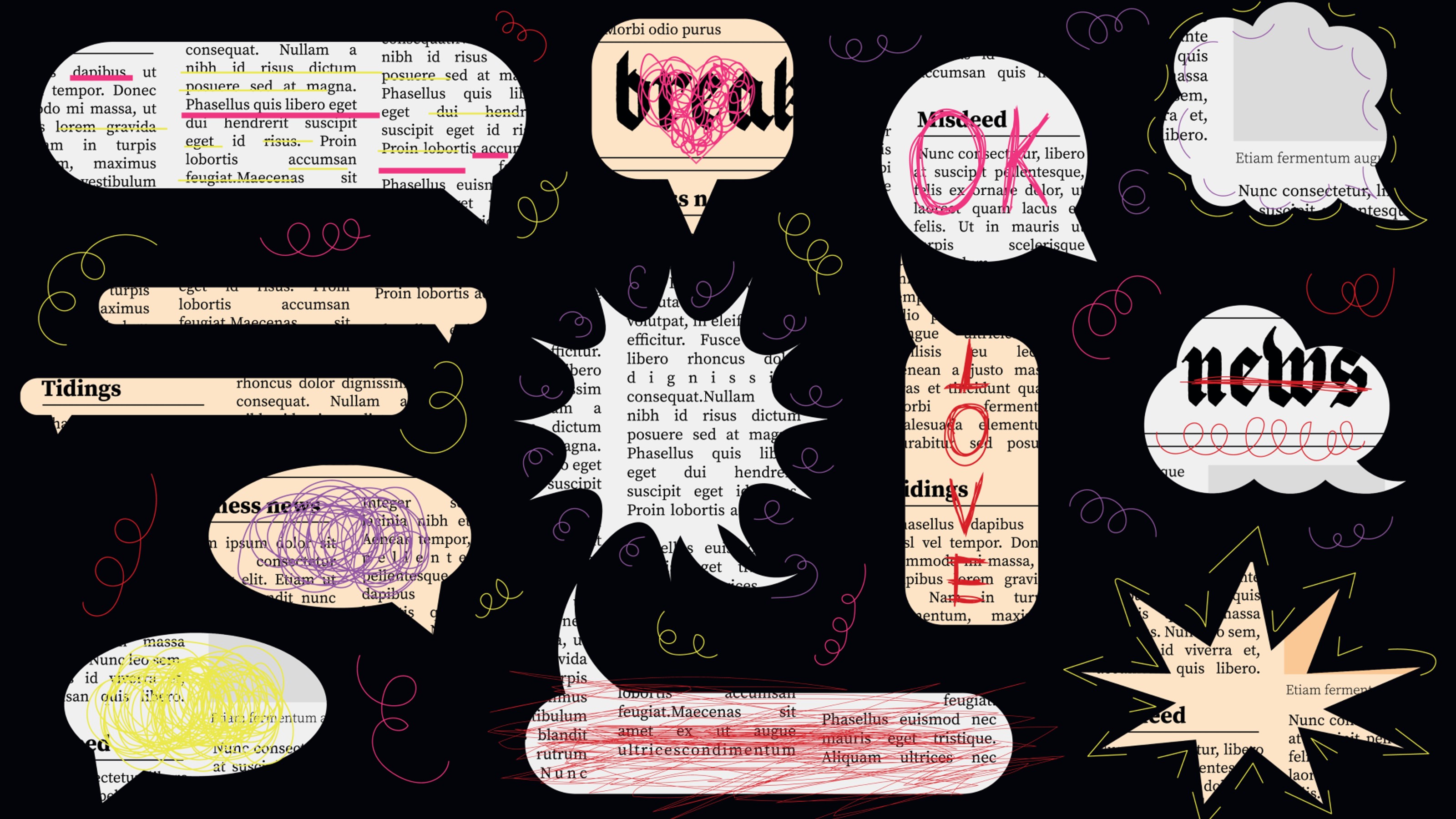 A collage of speech bubbles containing randomly oriented text, scribbles, and abstract shapes on a black background. Some bubbles feature words like "news" and "missed" partially visible.