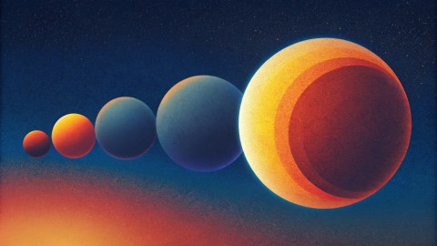 An illustration of seven planets aligned in a row, varying in size and color, with a gradient background reflecting a steady change from orange to blue tones.