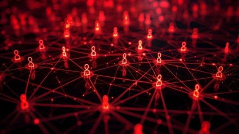 A digital network visualization with red person icons interconnected by lines symbolizes communication and connectivity. The background is dark with bright red lines forming a web-like structure, evoking the strategic mind of your inner CEO.
