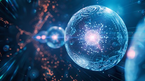 A close-up digital rendering shows a glowing blue orb with intricate internal patterns, resembling a microscopic or sci-fi object, set against a dark background with scattered lights.