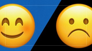 Side-by-side emojis: one smiling on a blue background (left) and one frowning on a black background (right).